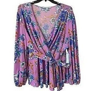 Blue Sol Wrap Top Sz 3X Pink Floral Balloon Sleeve Peplum Boho